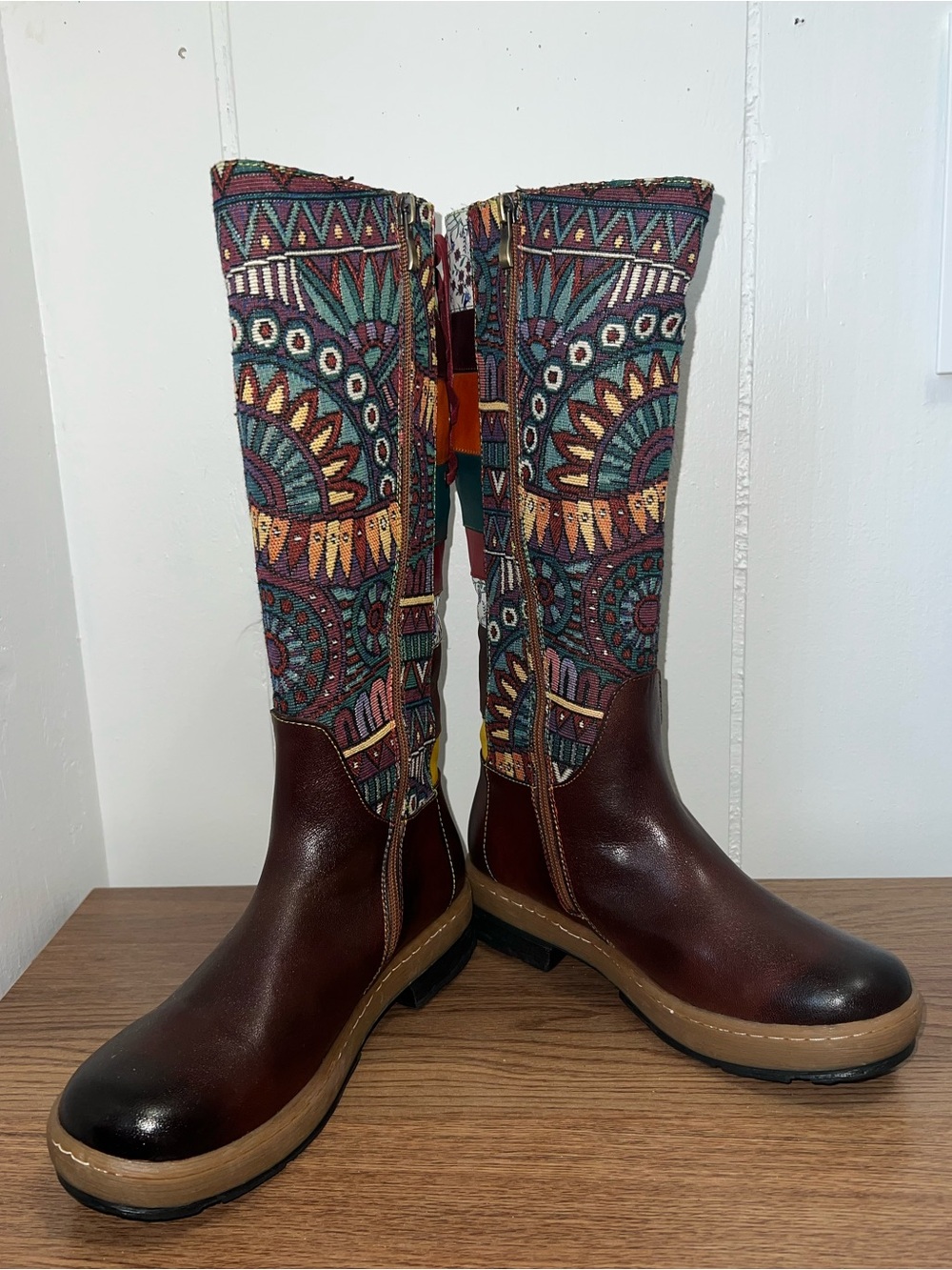 Tall Leather Tapestry Boots Women’s 39 (8.5) Boho Zip - Picture 2 of 10